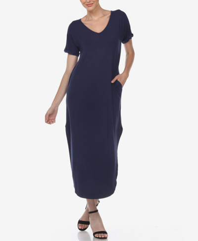 White Mark Plus Size Short Sleeve V-neck Maxi Dress In Navy
