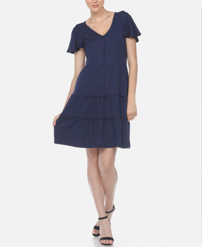 Shop White Mark Women's Short Sleeve V-neck Tiered Dress In Navy