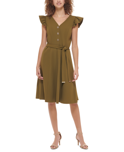 Shop Tommy Hilfiger Women's Flutter-sleeve Scuba-crepe Dress In Dark Olive