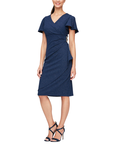 Sl Fashions Women's Flutter-sleeve Embellished Dress In Navy