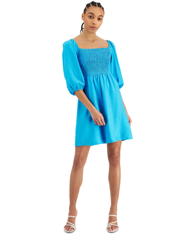 Shop Bar Iii Women's Puff-sleeve Smocked Dress, Created For Macy's In Blue Atoll