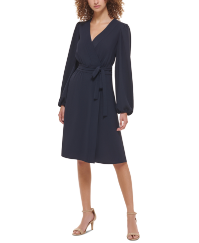 Shop Tommy Hilfiger Women's Faux-wrap Blouson-sleeve Midi Dress In Sky Captain