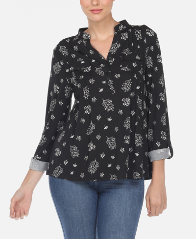 Shop White Mark Women's Pleated Leaf Print Blouse In Black