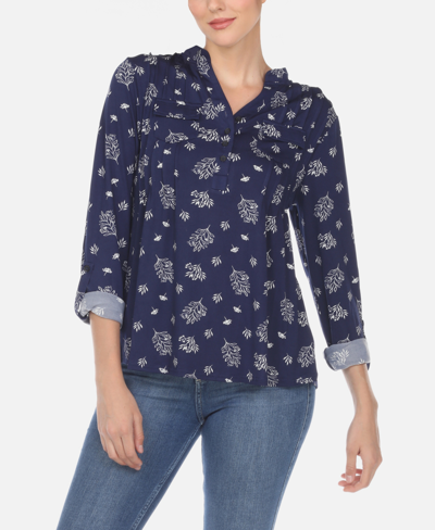 Shop White Mark Women's Pleated Leaf Print Blouse In Navy