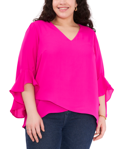 Shop Vince Camuto Plus Size Flutter-sleeve Crossover-hem Top In Fiercely Fuchsia