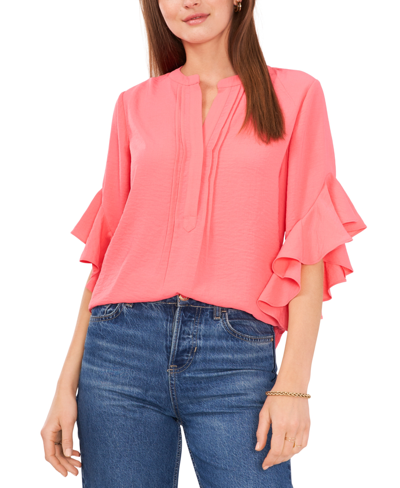 Shop Vince Camuto Women's Ruffle Sleeve Henley Blouse In Lush Coral