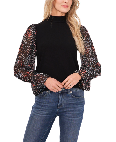 Cece Floral Sleeve Mock Neck Knit Top In Rich Black