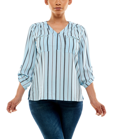 Shop Adrienne Vittadini Women's 3/4 Rollup Sleeve V-neck Top With Zipper Pockets In Angel Falls Stripe