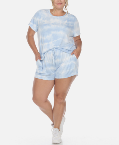 White Mark Plus Size 2 Piece Top Shorts Lounge Set In Blue Tie-dye