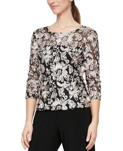 Shop Alex Evenings Embellished Tulle Blouse In Black/taupe
