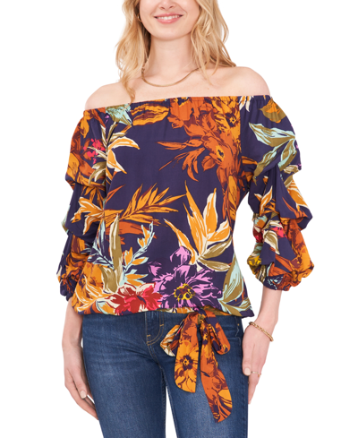 Shop Vince Camuto Women's Printed Off-the-shoulder Bubble-sleeve Challis Blouse In Classic Navy Floral