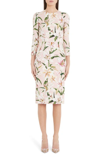 Shop Dolce & Gabbana Lily Print Sheath Dress In Pink Lily