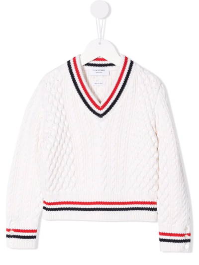 Thom Browne Rwb Cricket Cable Sweater In White