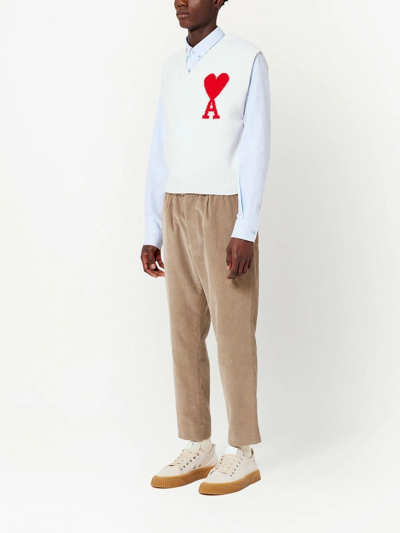 Shop Ami Alexandre Mattiussi Logo-intarsia Knitted Vest In Off-white/red/154