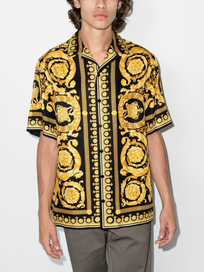 Versace Informal Shirt Silk Twill Fabric Barocco Print In Yellow