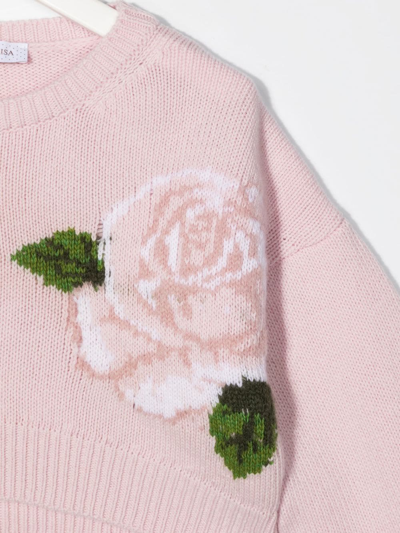Shop Monnalisa Floral Intarsia-knit Cropped Sweater In Pink
