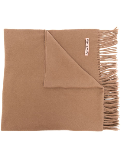 Shop Acne Studios Logo-tag Frayed-edge Scarf In Brown