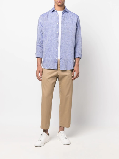 Shop Frescobol Carioca Melange-effect Linen Shirt In Blue