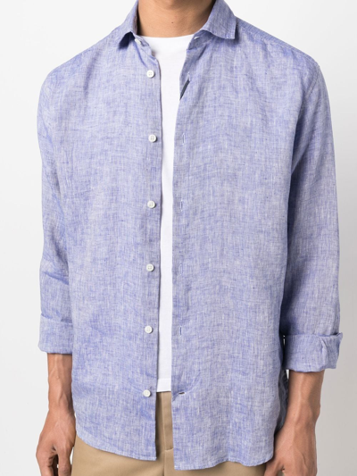 Shop Frescobol Carioca Melange-effect Linen Shirt In Blue