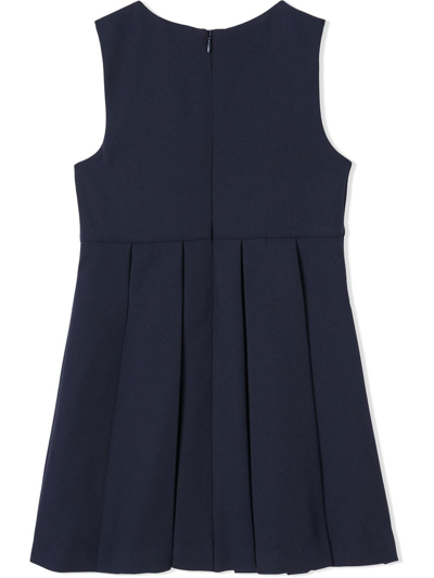Shop Burberry Embroidered-logo Pleated Wool Dress In Blue