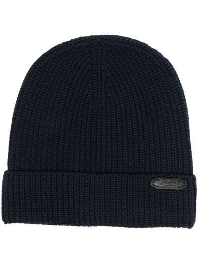 Shop Brioni Logo-patch Ribbed Knit Hat In Blue