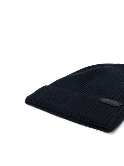 Shop Brioni Logo-patch Ribbed Knit Hat In Blue
