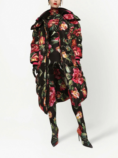 Shop Dolce & Gabbana Long Floral-print Down Jacket In Black