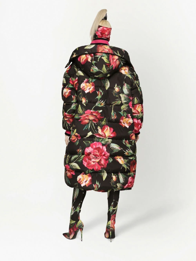 Shop Dolce & Gabbana Long Floral-print Down Jacket In Black
