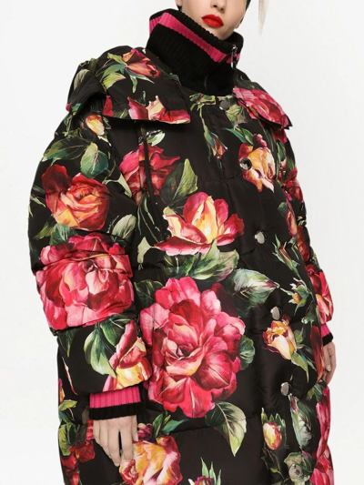 Shop Dolce & Gabbana Long Floral-print Down Jacket In Black