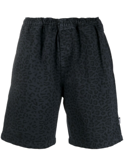 Shop Stussy Leopard-print Cotton Shorts In Blue