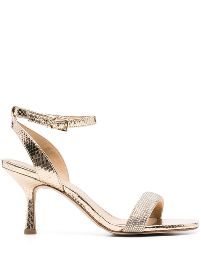 Shop Michael Michael Kors Carrie Crystal-embellished Embossed Sandals In Gold