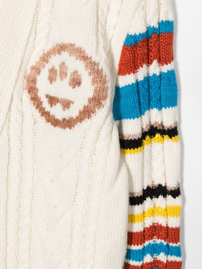 Shop Barrow Cable-knit Intarsia-logo Cardigan In Neutrals