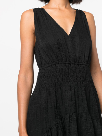 Shop Vince V-neck Sleeveless Smocked Dress In Black