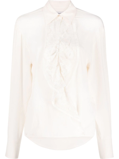 Shop Victoria Beckham Ruffle-lace Silk Shirt In Neutrals