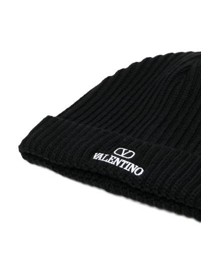 Shop Valentino Vlogo-embroidered Ribbed Wool Beanie In Black