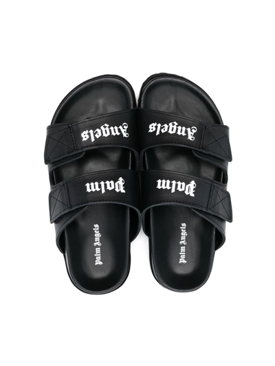 Shop Palm Angels Logo-print Leather Slides In Black