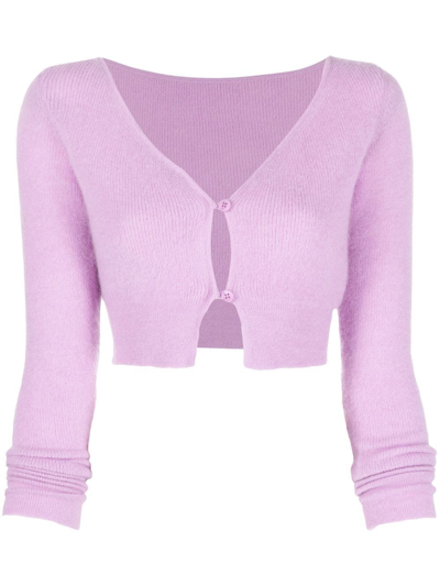 Shop Jacquemus Alzou Knitted Cropped Cardigan In Purple