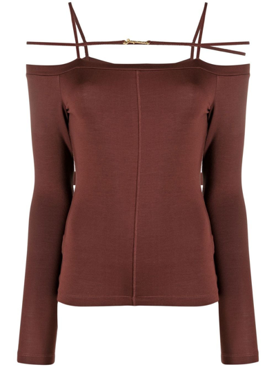 Shop Jacquemus Sierra Long-sleeve Off-shoulder Top In Brown