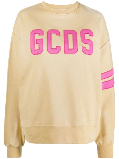 Shop Gcds Logo-patch Cotton Sweatshirt In Neutrals