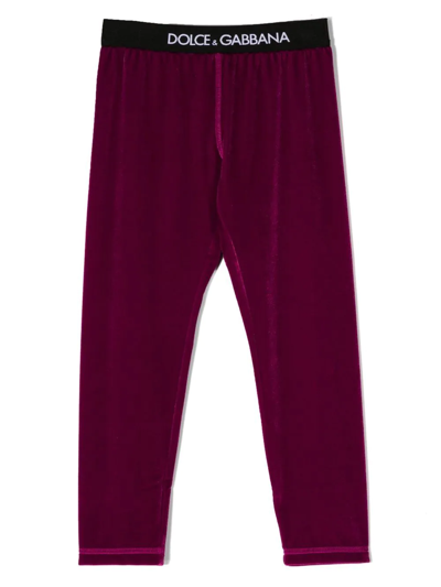 Shop Dolce & Gabbana Logo-waistband Velour Leggings In Pink