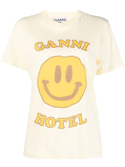 Shop Ganni Smile-print Cotton T-shirt In Yellow