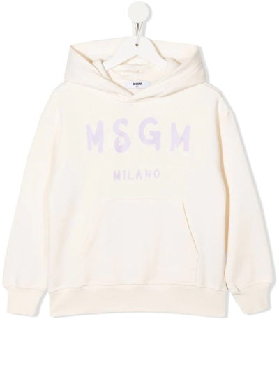 Shop Msgm Logo-print Cotton Hoodie In Neutrals