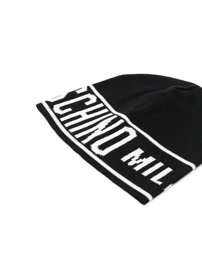 Moschino Ribbed Knit Two-tone Design Hat In Black