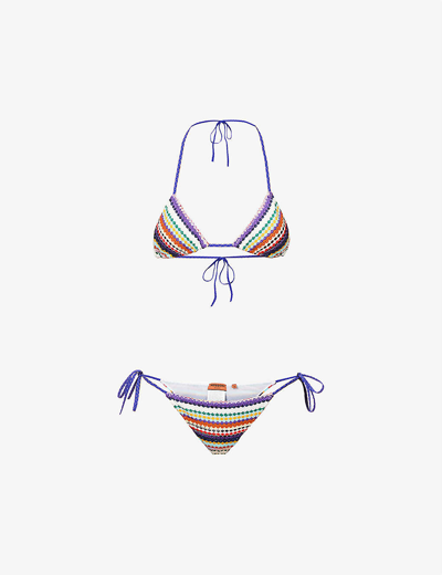 Shop Missoni Stripe-embroidered Mid-rise Triangle Bikini In Multi Knitwear-purple