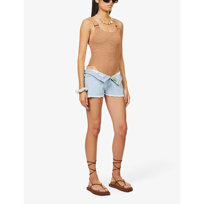 Hunza G Domino Seersucker-weave Swimsuit In Metallic Cocoa