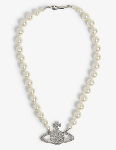 Shop Vivienne Westwood Jewellery Bas Relief Silver-tone Brass, Pearl And Swarovski Crystal Necklace In Platinum/cream/crystal