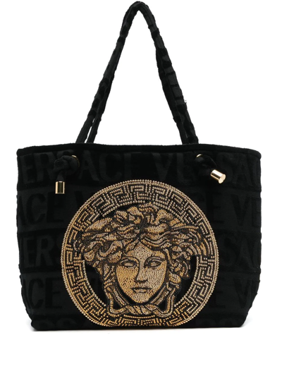 Shop Versace Icon Towelling Tote Bag In Schwarz