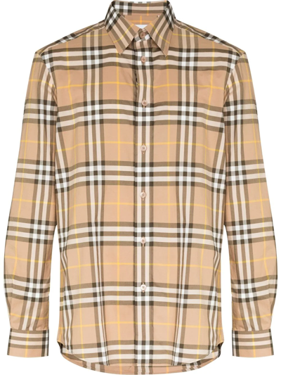 Shop Burberry Check-pattern Cotton Shirt In Braun