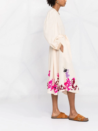 Shop Forte Forte Floral-print Belted Midi Dress In Neutrals