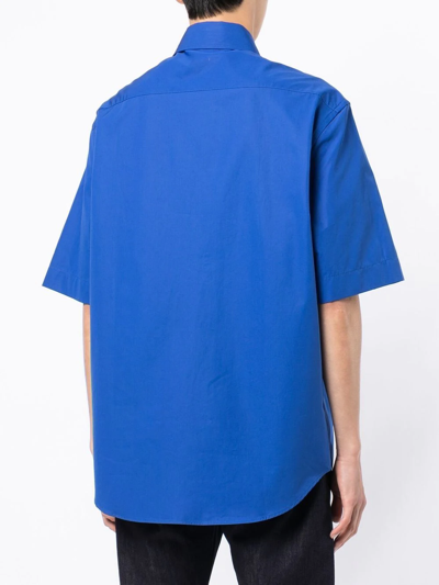Shop Versace Contrast-logo Poplin Bowling Shirt In Blau